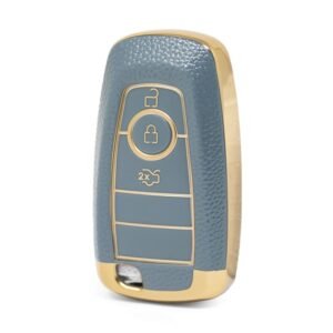 Nano High Quality Gold Leather Cover For Ford Remote Key 3 Buttons Gray Color Ford-B13J3