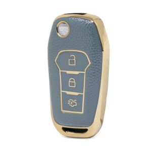 Nano High Quality Gold Leather Cover For Ford Flip Remote Key 3 Buttons Gray Color Ford-F13J