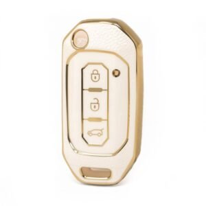 Nano High Quality Gold Leather Cover For Ford Flip Remote Key 3 Buttons White Color Ford-I13J